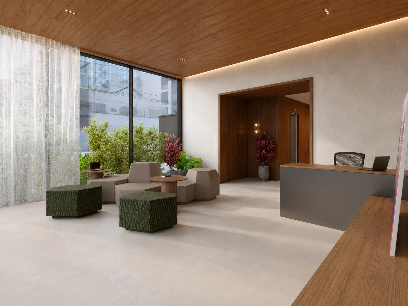 Hall de entrada com coworking do Core Silva Jardim