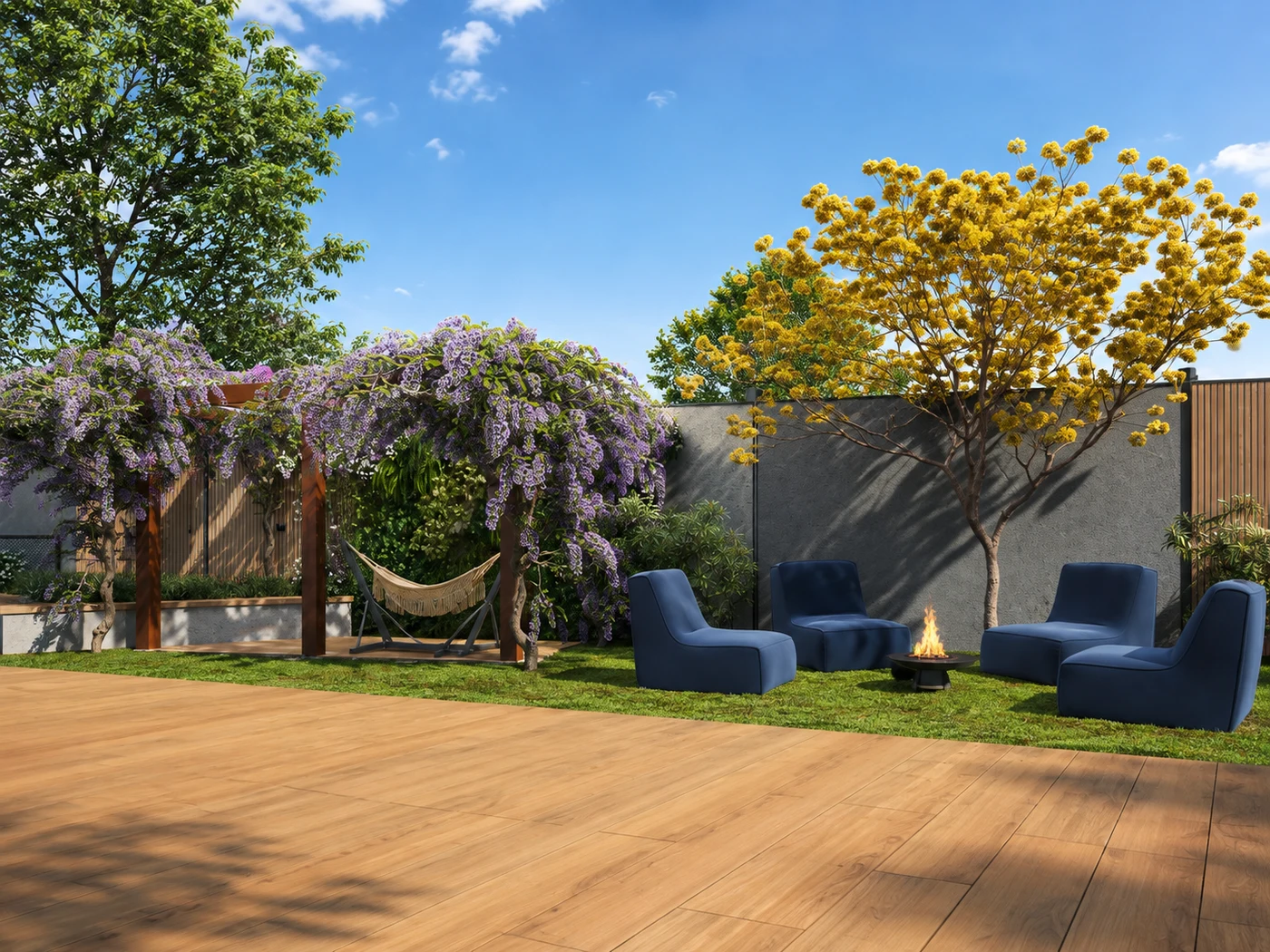 Área de redário, fire place e yoga do Core Silva Jardim